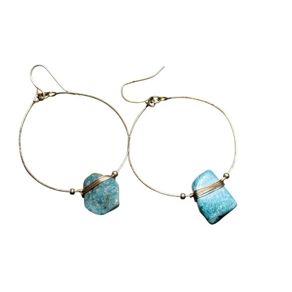 Gold Hoop Earrings with Natural Amazonite Stone Dangle Boho Handmade Jewelry - Picture 5 of 6